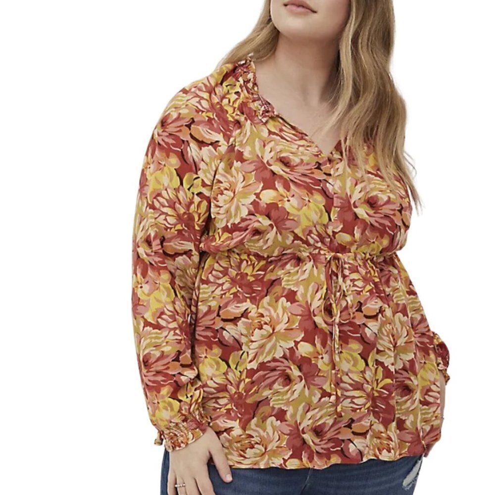 Torrid Womens NWT Orange Smocked Tie Gauze Floral Crepe Peasant Blouse Plus 3X